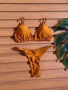 Kit 2 Bikini Thong Ribbon Bronze Curtain Beachwear Summer 2025 With Polyamide Cups Simple Elegant Casual - 赭石色 - 黑色 - 查看 2