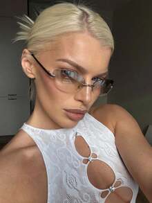 1pc Unisex Y2K Vintage Silver Fashion Frameless Oval Glasses With Metal Hinges, Comfortable & Ultra-Light Large Size Metal Glasses Accessories Women - 銀框漸層灰片 - 查看 3