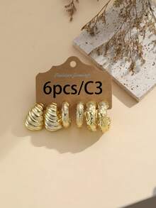 6-18pcs/Set Vintage Gold-Color CCB Hoop Earrings. Creative C-Shaped Design Earrings. Suitable For Daily Wear, Parties, Dates And Holidays. Elegant Holiday Gift.