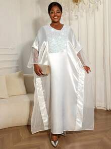 大码女士优雅白色非洲风情宽松亮片缎面欧根纱拼接连衣裙 - 白色 - 查看 8