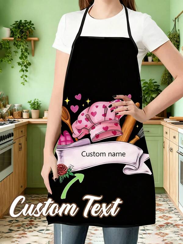 Personalized Custom Unisex Polyester Apron ,Customized Name Disposable Apron ,Custom Text Personalized Apron ,Custom Apron With Text ,Pink Chef Theme With Kitchen Utensils, Hearts & Stars Print, Durable Polyester Sleeveless Neck Strap