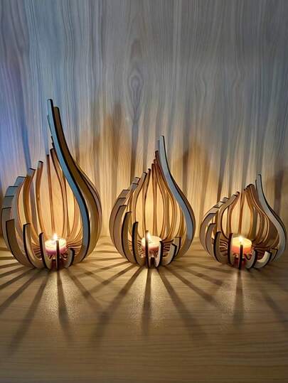 1/3Pcs Creative Wooden Candle Holder Set - Modern Minimalist Style Tea Light Candle Holder With Metal Candle Tray, Handcrafted Design, Suitable For Living Room Fireplace Shelf Decoration, Wedding Party Decoration, Ideal Holiday Gift, Candle Holder/Stand/Stick For Decor, Tea Light Holder