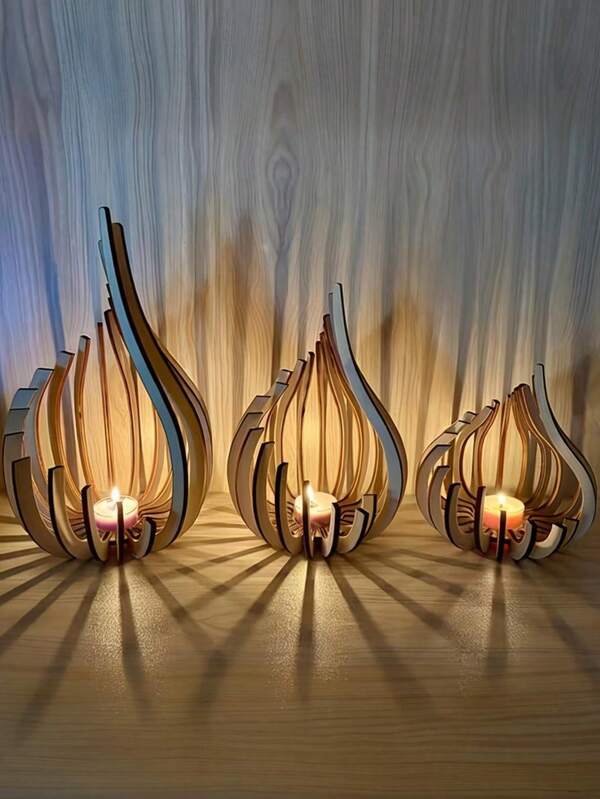 1/3 Stücke Kreative Holz Kerzenhalter Set - Moderner minimalistischer Stil Teelichthalter mit Metall Kerzentablett, handgefertigt, geeignet für Wohnzimmer Kamin Regal Dekoration, Hochzeit Party Dekoration, ideales Urlaubsgeschenk, Kerzenhalter/Ständer/Stab für Dekoration, Teelichthalter