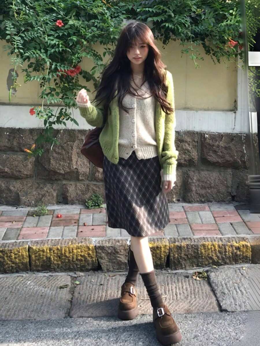 Plaid Skirt, Slimming Knee-Length Plaid Bodycon Skirt - Grey - View 1