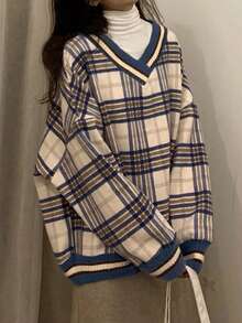 女士宽松V领复古格子长袖休闲卫衣 - 藍色 - 查看 1