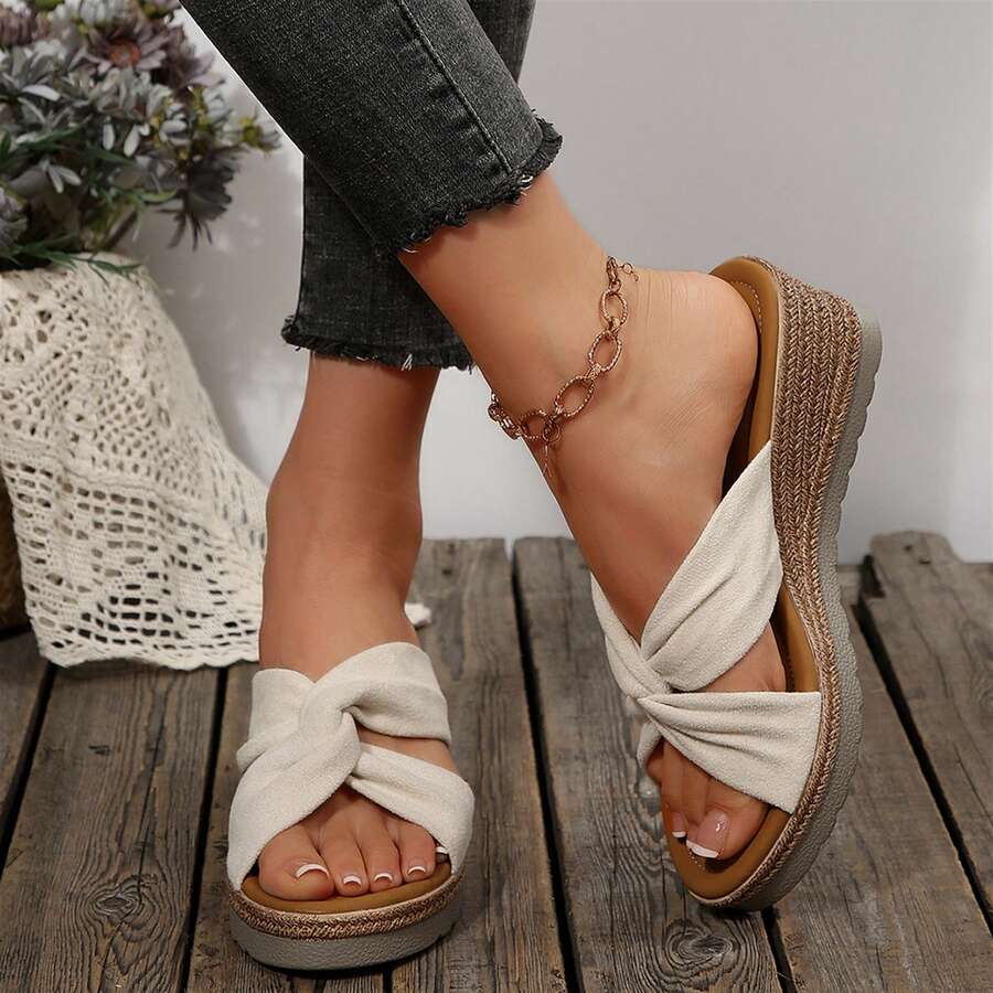 Summer Travel Wedges Heels Women's Sandals Bow-Knot Flats Wear-Resistant Beach Slippers Shoes Platform Sandals Outdoor Beach Walking - 米色 - 查看 1