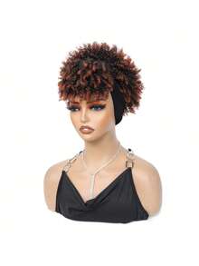 Curly Wigs For  Women, Headband Wigs With Bangs, Synthetic Short Afro Kinky Curly Wig With Headband Attached, Drawstring High Afro Puff Brown Curly Wig Turban - Đồng - Xem 3