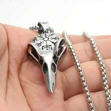 Plated 925 Silver Chain Pendant, Odin's Rune Amulet, Men's Punk Style Crow Skull Pendant Necklace, Viking Jewelry - 白色 - 查看 4