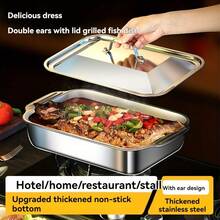 1pc Grilled Fish Plate, Grill Plate, Thickened Stainless Steel Grilled Fish Plate Cover, Barbecue Plate, Tray, Square Plate Barbecue Rack, Grilled Fish And Seafood Plate, Restaurant Barbecue Plate, Outdoor Barbecue Plate. - Silver - View 3