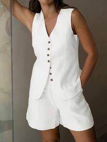 女士休闲无袖上衣短裤套装，时尚通勤背心短裤套装，春夏款