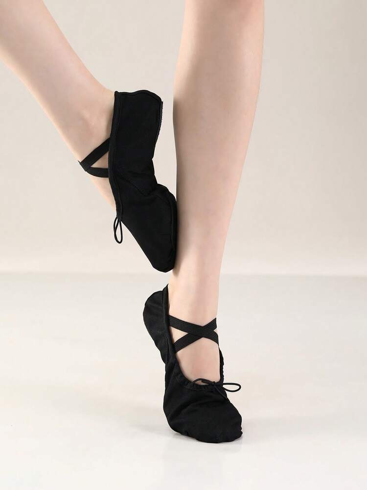 Bailarinas de lona negra con cordón y banda cruzada para mujeres, zapatos de ballet y danza con cierre deslizante - Negro - Añade 3