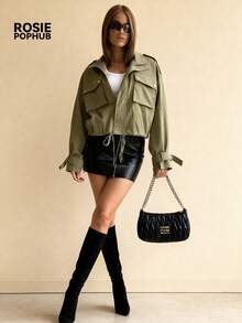 Veste style de rue verte pour femmes Rosie Pophub | Coupe-vent court en fibre de polyester avec col cranté, cordon de serrage à la taille et poches, décontracté pour le printemps/été, nouvelle arrivée - Militaire verte - Voir 5