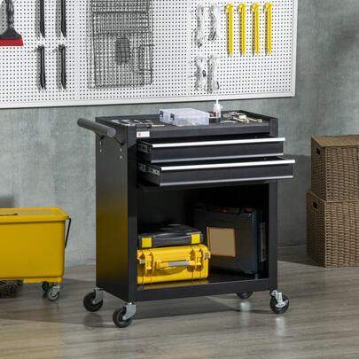 Durhand 2-Drawer Rolling Tool Chest On Wheels, Metal Tool Cabinet For Warehouse, Workshop And Garage, Black