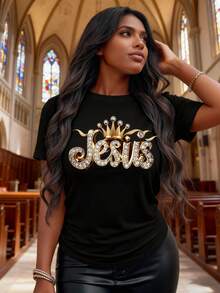 Howell Thanksgiving Top With Jesus Lettering Print, Casual Versatile All-Season Shirt - Soft Stretchy Fabric - Black - View 5