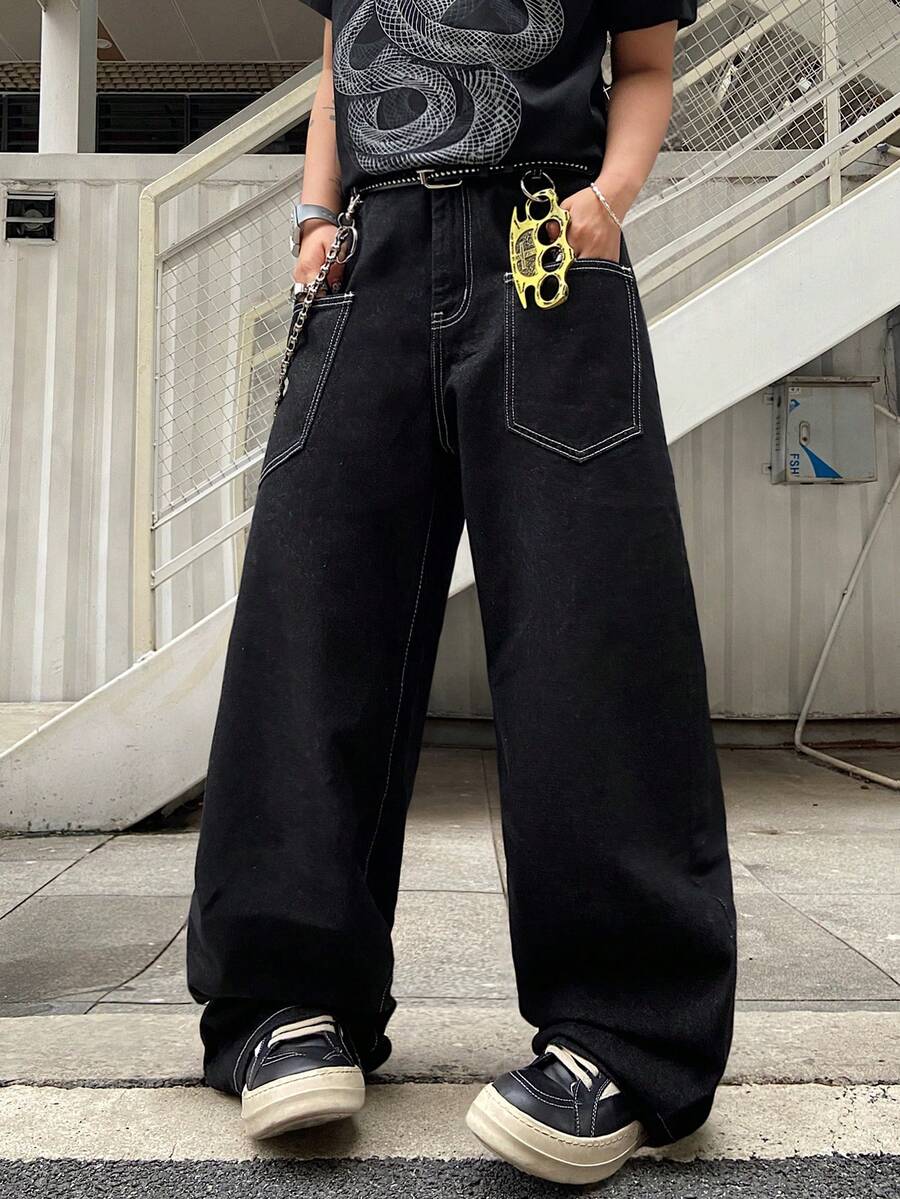 Justice Brother 1pc American Streetwear Brand Personalized Embroidered Men's Black Denim Jeans, All-Season Versatile Wide Leg Loose Long Pants (Belt/Accessories Not Included) - Black - View 1