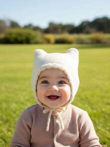 1件装3-12个月婴儿白色针织双角帽，秋冬保暖婴儿帽，可爱卡通婴儿帽系列 - 1PC - 查看 4