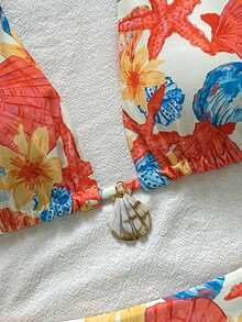 Women's Floral & Shell Print Bikini Set, Drawstring Design, Suitable For Beach Vacation, Pool Party And Summer Outing - Multicolor - View 6