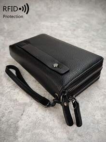 MIYIN 男士简约纯色 RFID 屏蔽拉链钱包带腕带，时尚双层人造皮革手提包大容量多功能手拿包，可装信用卡/身份证/钱/现金/护照复古包礼物情人节钱包情人节黑包贴纸包冬季情人节礼物复古学院运动生活男士钱包度假礼品包包手提包 - 黑色 - 查看 13