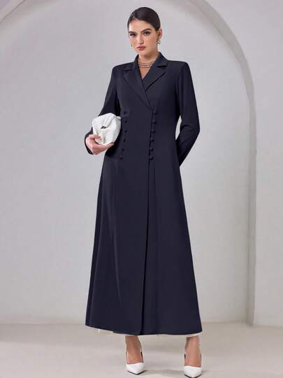 Elegant Abaya Jacket With Headscarf, Padded Shoulders, Solid Color, Front Button Closure, Side Slit Spring Fall