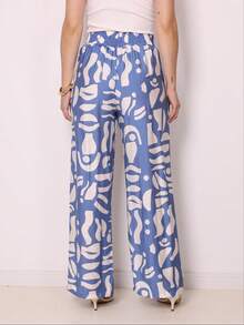 Women's Printed Wide Leg Pants Fashion High Waist Beach Pantaloons - 水鴨藍 - 查看 3