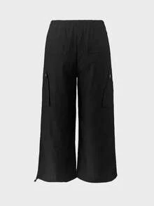 Quần cargo ống rộng dáng suông Y2K phong cách đường phố, cạp chun có dây rút và túi nắp, kiểu quần dù, đa năng, phù hợp mặc hàng ngày, đi làm, đi chơi, dự tiệc, đi học, mùa thu. - màu đen - Xem 6