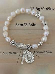 1pc Faux Pearl Beaded Flower & Cross Virgin Mary Pendant Bracelet, Vintage Style Suitable For Men And Women Daily Wear, Jewelry Gift