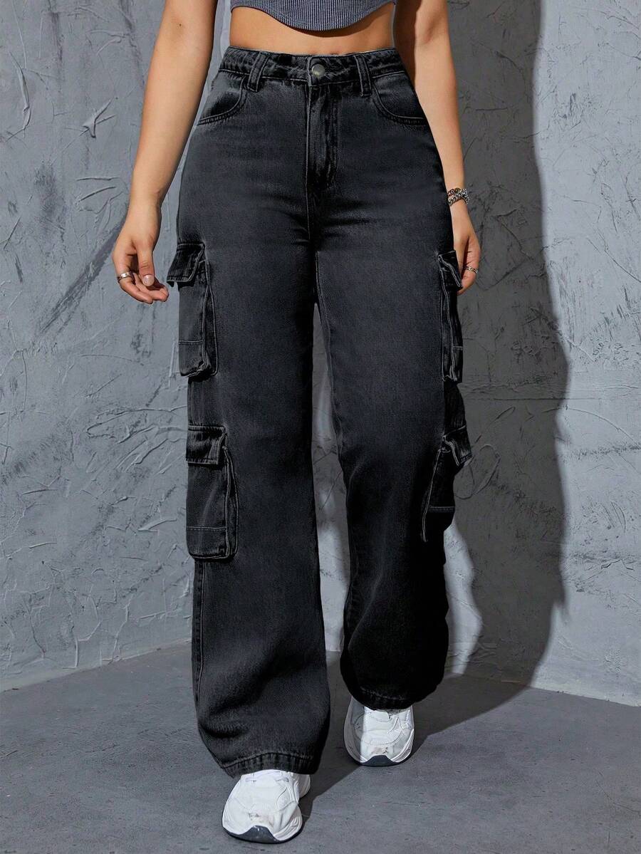 American Retro High Street Washed Workwear Jeans With Multiple Pockets For Men And Women, Loose Straight Leg Casual Pantsmujer Summer Outfits For Women Office Outfits For Women Boho Womens Clothing Pantalones Anchos De Mujer Pantalones Anchos De Mujer Classy Office Outfits For Women Boho Womens Clothing Summer ,Country,Vintage Clothes Women,Low Rise Jean,Plus Size Women Clothes - 黑色 - 查看 1