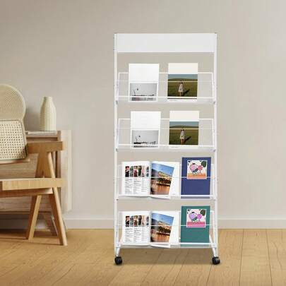 4-stöckiger Rollständer für Zeitschriften mit gebremsten Rädern Mobiler Aufbewahrungsorganizer für Akten, Broschüren und Bücher