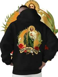 Saint Jude Thaddeus Religious Pattern Black Hoodie, Fashion Casual Pullover Sweatshirt Suitable For Daily And Street Wear "Divine Blessing Never Give Up, Religious Apparel, Daily Outfit, Y Streetwear, Graphic Hoodie, Durable Sweatshirt,Fall Hoodies,Men's Fall Clothes,Street Wear,Halloween,Mens Hoodies,Y2k Clothes,Jesus Hoodie,Thanksgiving Day,Nightmare Before Christmas,Christmas - Black - View 1