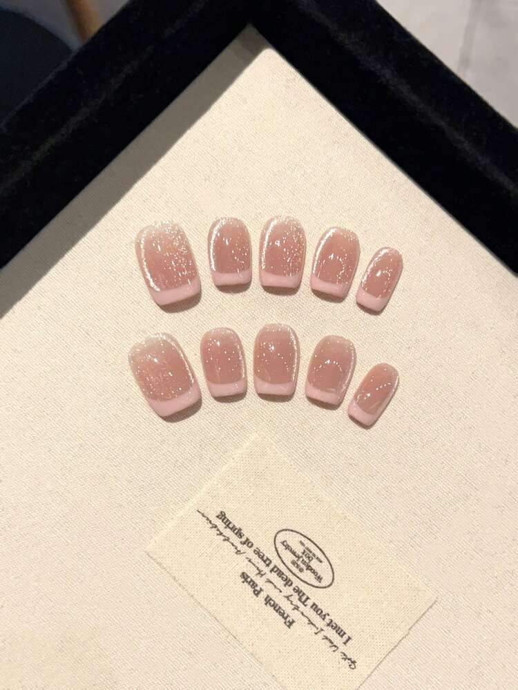 10 Pieces Handmade Blush Powder Base Color Temperament Leather Powder Edge French Side Light Cat Eye Wear Nail Medium Long Trapeze Everyday White Dating Detachable Fake Nails Suitable For Nail Art Diy Lovers Ladies Girls Press On Nails Nail Supplies Nails - Baby Pink - View 13