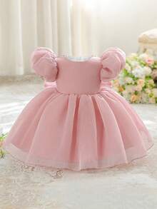 Vestito da damigella d'onore per bambine con collo rotondo, schiena in rete con fiocco, motivo floreale carino, adatto per feste di 1° compleanno, matrimoni, uscite, non include fascia per capelli