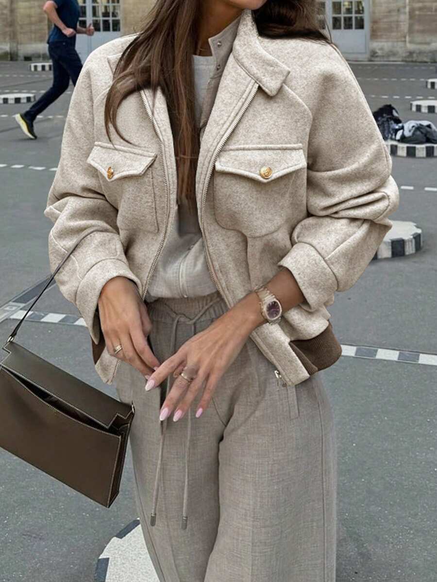 Autumn/Winter High-End Herringbone Flap Pocket Stand Collar Retro Style Daily Commute Slimming Jacket - Apricot - View 1