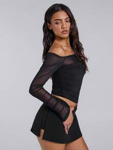 TypaGal Winter Fall Modern Wild Chic New Year Party Retro Elegant Sexy Street Minimalist Black Mesh Off Shoulder Ladies' Solid Color See-Through Long Sleeve Top - Black - View 1