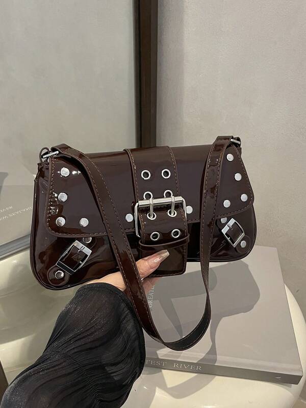 1pc Women Retro Biker Chic Studded Adjustable Strap Crossbody Bag, Large Capacity Soft Gradient Leather Shoulder/Underarm Bag, Suitable For Work, Dating, PartiesSuitable For Shopping, Wallet, Shopping, Young Women, College Students, Newcomers, White-Collar Workers. Very Suitable For Office, College, Work, Business, Commuting, Outdoor Activities, Travel And Outings