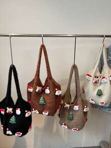 1pc, Versatile Fashion , High-Value Niche Design, Hand Bill Of Lading Shoulder Tote Bag, Contrast Knitted Fabric, Multi-Color Optional Large-Capacity Fan-Shaped Bag For Santa Claus Christmas Tree Deer Decoration, Suitable For Ladies' Daily Commuting And Shopping Occasions.