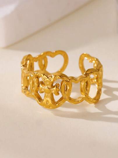 1PC Classic Heart Cross Rings For Women 18K Gold Plated Stainless Steel Geometric Heart Adjustable Ring Wedding Aesthetic Christmas Jewelry Gift