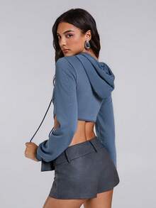 TypaGal 秋冬季现代狂野时尚新年派对复古优雅性感街头简约镂空前摆高低摆卫衣，长袖上衣 - 藏蓝色 - 查看 3