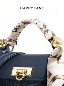 HAPPY LANE Fashionable Brown Patchwork Minimalist Style Handbag, Retro Vacation Vibe Shoulder Bag, Comes With Ribbon Accessory, Suitable For Business, Casual, Shopping, School, Front Twist Lock Handbag, Detachable Shoulder Strap, Crossbody Bag, Lightweight & Durable, Vintage Charm, Elegant & Unique Style For Women, Versatile For Any Occasion - 藏蓝色 - 查看 6