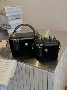 编织纹理手提包女士，Y 链带方形斜挎包，百搭海滩度假包，春夏 - 黑色 - 查看 6