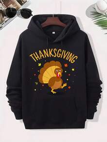 Men's Thanksgiving Turkey Graphic Hooded Sweatshirt - Black With Yellow Turkey & Autumn Leaves Print, Comfortable Cotton Pullover Hoodie, Long Sleeve Casual Sweater For Fall, Thanksgiving Party Outfit, Machine Washable, Festive Cartoon Turkey Design With "Thanksgiving" Lettering, Streetwear Style, Regular Fit, Front Pocket, All-Season Wear, Men's Fashion Hoodie For Casual Outings And Holiday Celebrations,Fall Hoodies,Men's Fall Clothes,Street Wear,Halloween,Mens Hoodies,Y2k Clothes,Jesus Hoodie,Thanksgiving Day,Nightmare Before Christmas,Christmas - 黑色 - 查看 1