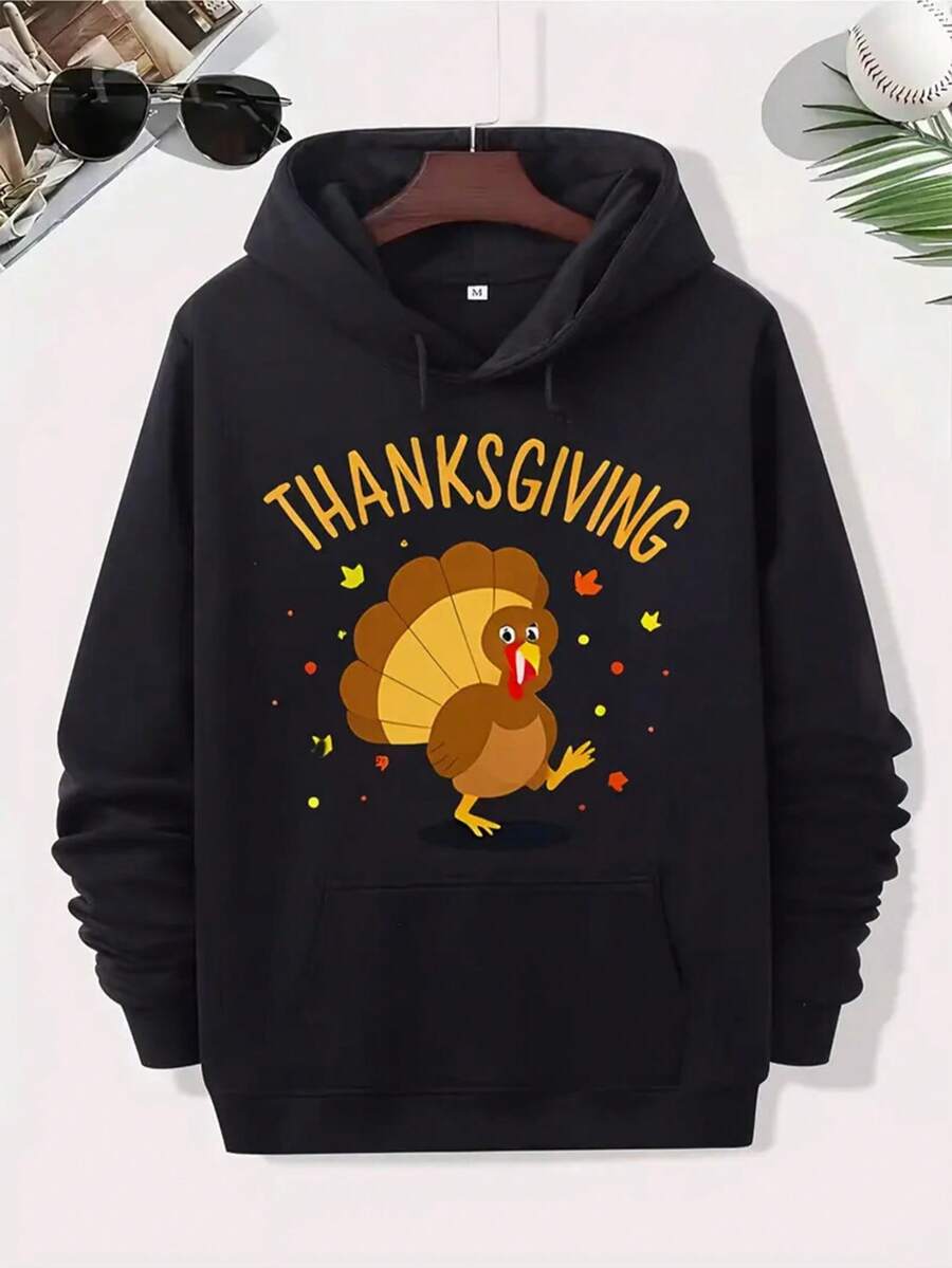 Men's Thanksgiving Turkey Graphic Hooded Sweatshirt - Black With Yellow Turkey & Autumn Leaves Print, Comfortable Cotton Pullover Hoodie, Long Sleeve Casual Sweater For Fall, Thanksgiving Party Outfit, Machine Washable, Festive Cartoon Turkey Design With "Thanksgiving" Lettering, Streetwear Style, Regular Fit, Front Pocket, All-Season Wear, Men's Fashion Hoodie For Casual Outings And Holiday Celebrations,Fall Hoodies,Men's Fall Clothes,Street Wear,Halloween,Mens Hoodies,Y2k Clothes,Jesus Hoodie,Thanksgiving Day,Nightmare Before Christmas,Christmas - 黑色 - 查看 1