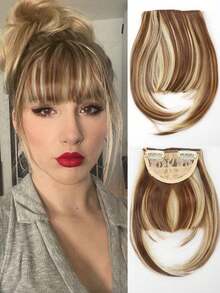 Perucă cu clips cu breton francez 1 buc, perucă sintetică densă și naturală, păr drept cu perciunii, potrivită pentru femei blonde, 15 cm, cu agrafă de păr, agrafă de păr, agrafă de păr
