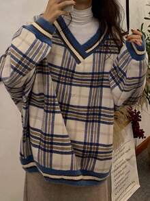 女士宽松V领复古格子长袖休闲卫衣 - 藍色 - 查看 5