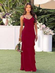 Women's Backless Bodycon Spaghetti Strap Elegant Ruffle Maxi Cocktail Party Dresses, 2025 QMO3 - 酒紅色 - 查看 6