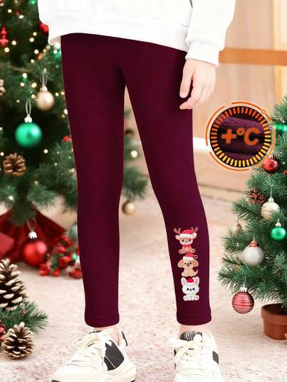 Legging Termal Berlapisan untuk Anak Perempuan, Celana Panjang Hangat Anti-Berbulu untuk Natal, Celana 3/4 Motif Hewan Lucu untuk Pesta Natal