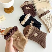 5 双蝴蝶蕾丝边中筒袜，适合女士，百搭，春秋 - 彩色 - 查看 3