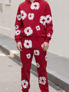 Denim T Gothic Peony Print Sweatsuit Set 2026, Hip Hop Streetwear Oversized Hoodie & Joggers, Y2K Retro Graphic Lounge Set, Unisex Autumn Winter Daily Wear - Đỏ - Xem 5