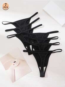 7Pcs Sexy Thongs Ribbed Women's Low Waist Comfortable Briefs Seamless Thong Panties Traceless G-String Underwear Women Soft T-Back Elastic Panty Lingerie Minimal Style Not Transparent Underpants Fashionable For Daily Wear