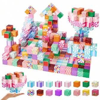Magnetic Blocks, 3D Puzzle Building Cubes, Cool STEM Candy Stacking Game For Boys & Girls, Holiday Party Favors, Christmas & Halloween Gifts