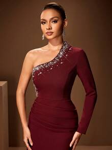 Women's Oblique Collar Solid Color Ruched Beaded Bodycon Maxi Dress, Long Sleeve - Burgundy - View 1